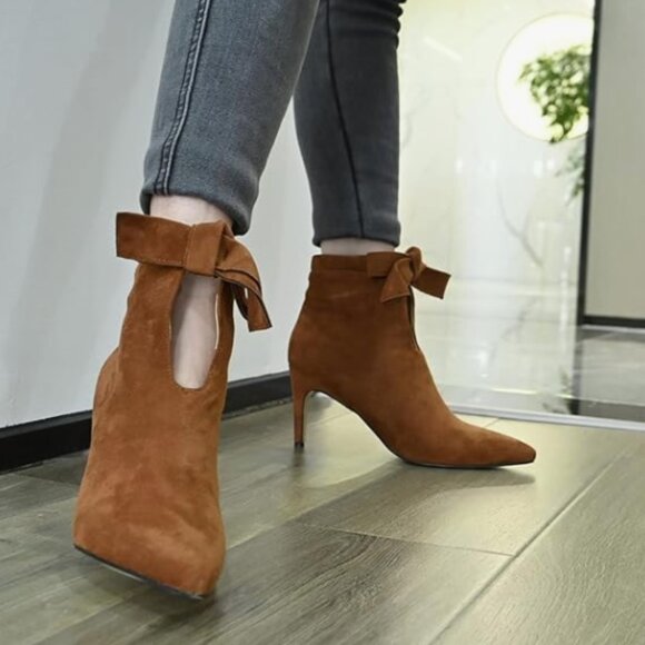 XYD Shoes - XYD Brown Pointy Toe Ankle Booties Dress Mid Heels Graceful Cute Bow Boot